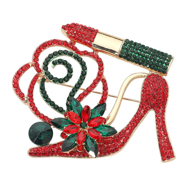 Rhinestone High Heel Lipstick Brooch (Red & Green)