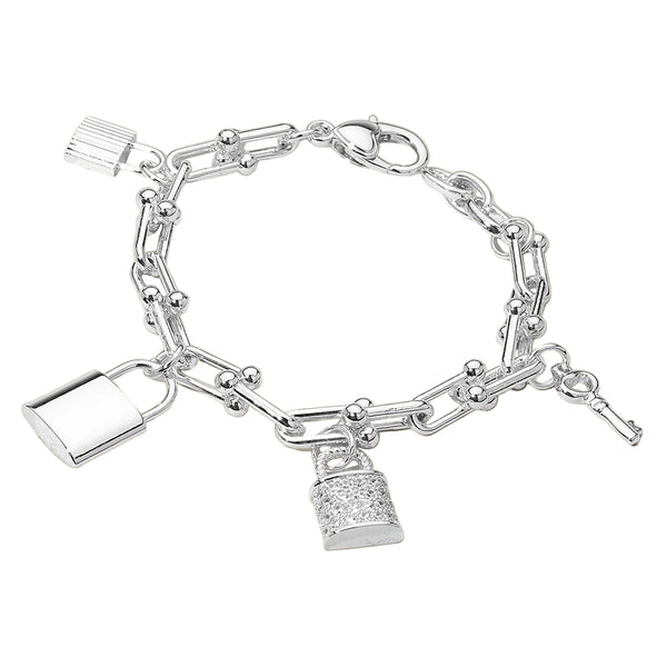 DY Inspired Plated CZ Lock & Key Bracelet (Silver)