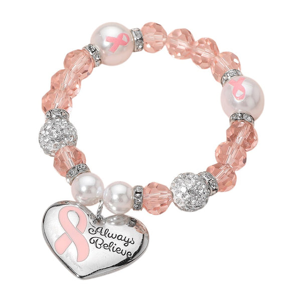 Pink Ribbon Heart Charm Pearl Ball Bracelet  (Clear Pink)
