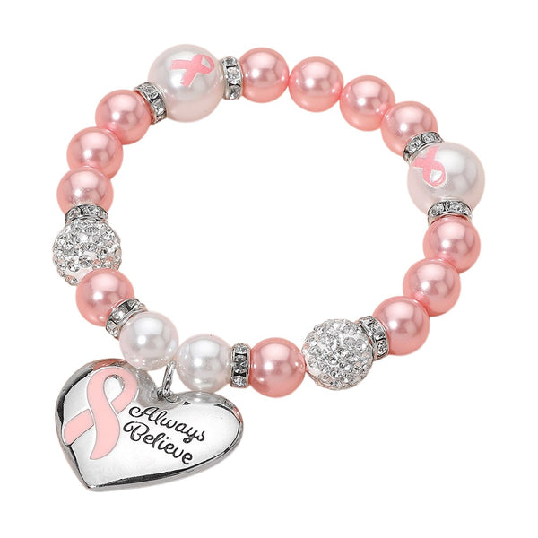 Pink Ribbon Heart Charm Pearl Ball Bracelet (Cream & Light Pink)