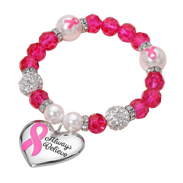 Pink Ribbon Heart Charm Pearl Ball Bracelet (Pink)