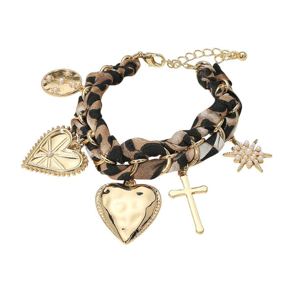 Leopard Fabric Charm Bracelet (Gold)