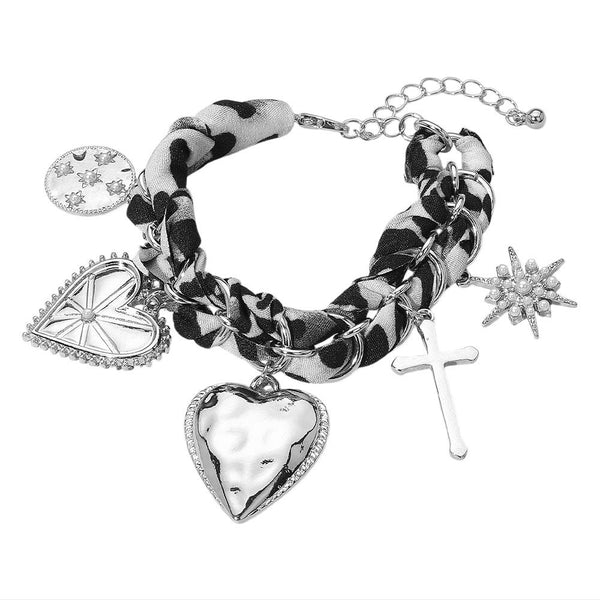 Leopard Fabric Charm Bracelet (Silver)