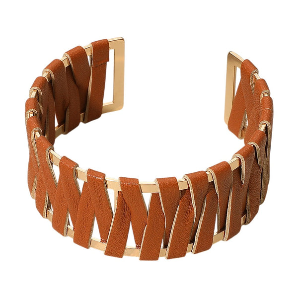 Faux Leather Woven Cuff Bracelet (Brown)