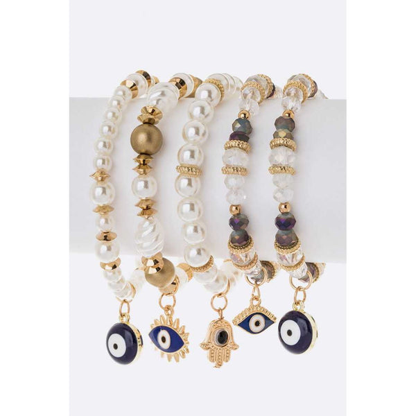 Evil Eye Charm Bracelet Set (White Pearl)