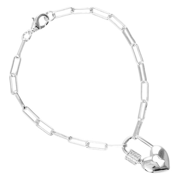 White Gold Dipped Cubic Zirconia Heart Lock Bracelet