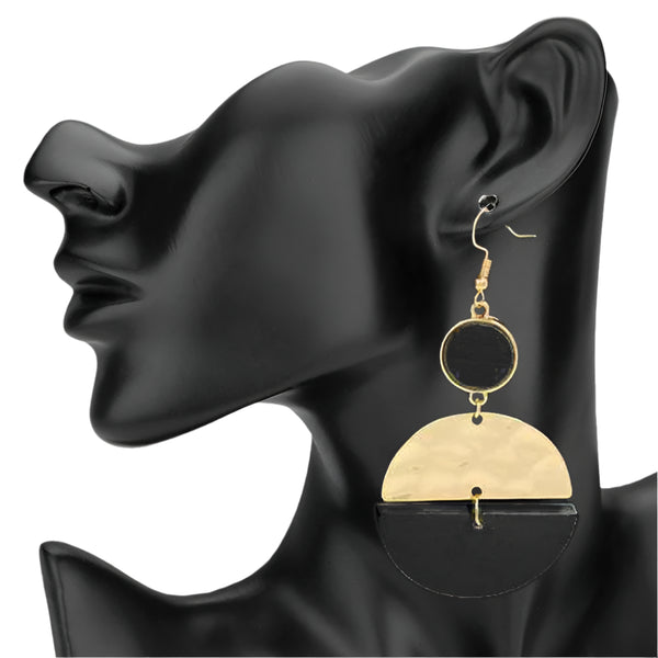 Metal & Wooden Disc Earrings (Black)