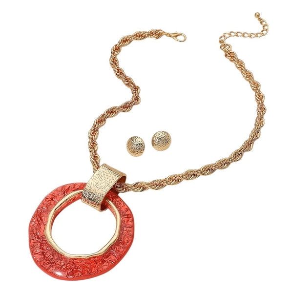Resin Ring Pendant Rope Chain Necklace Set (Gold & Pink)
