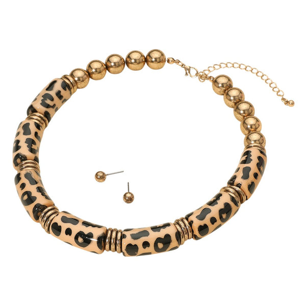 Leopard Resin Bar Beaded Necklace Set