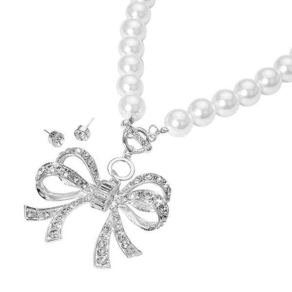 Stone Accented Bow Pearl Necklace Set