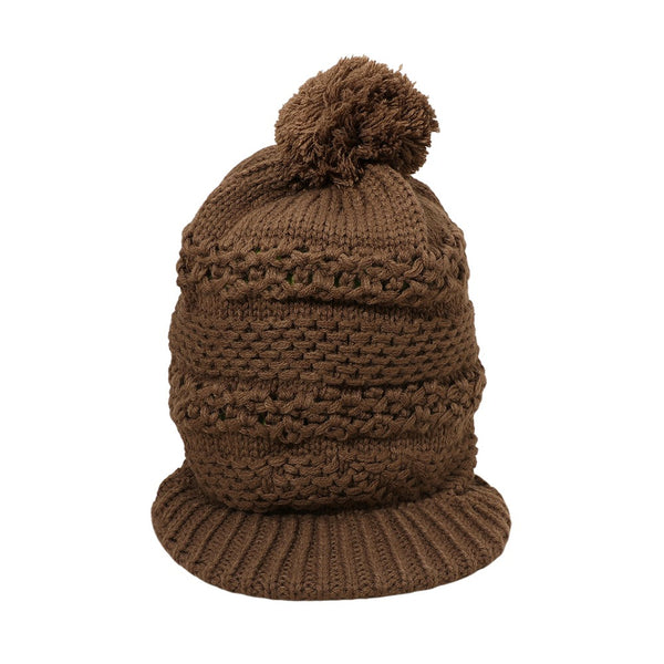 Pom Pom Slouchy Knit Visor Hat (Brown)