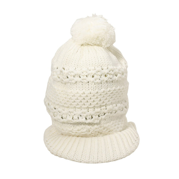 Pom Pom Slouchy Knit Visor Hat (White)