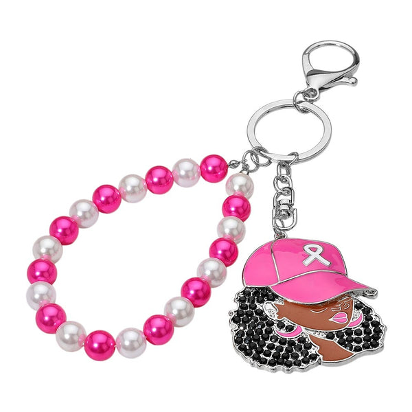 Pink Ribbon Beaded Wristlet Keychain (Silver & Black)
