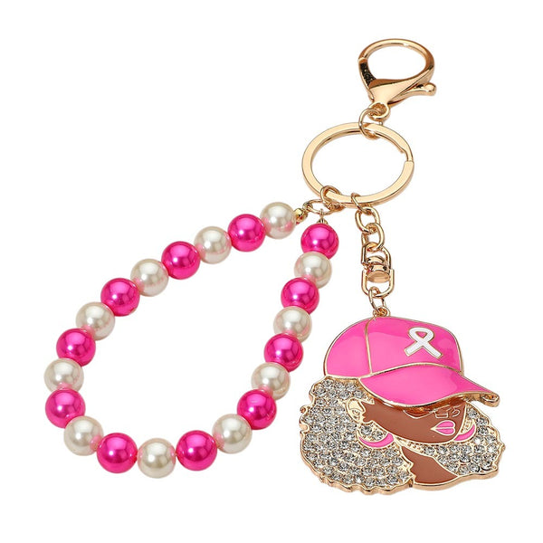 Pink Ribbon Beaded Wristlet Keychain (Gold)