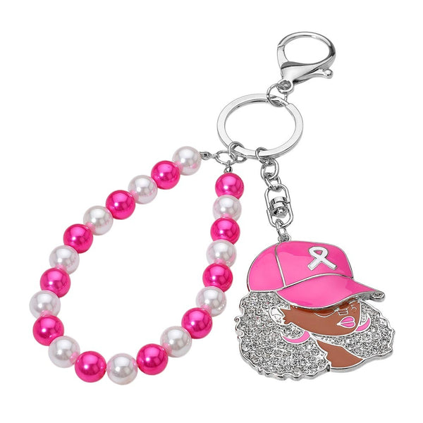 Pink Ribbon Beaded Wristlet Keychain (Silver)