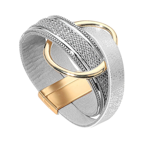 Leather Chain Wrap Magnetic Bracelet (Silver)