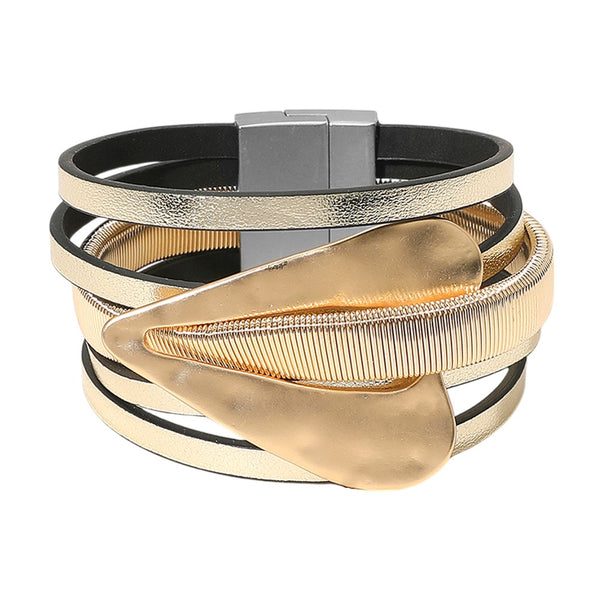 Hammered Heart Vegan Leather Magnetic Bracelet (Gold)