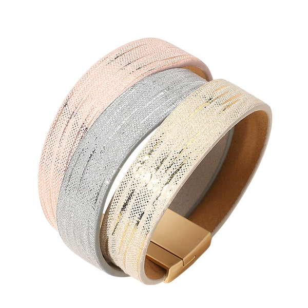 Vegan Leather Layered Magnetic Bracelet (Three Tone)