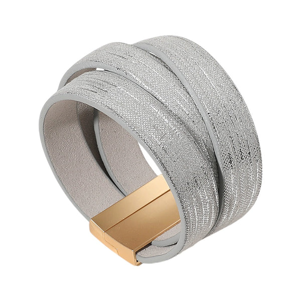 Vegan Leather Layered Magnetic Bracelet (Silver)