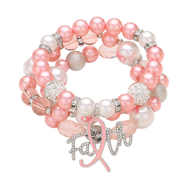 3 Strand Stone Pink Ribbon Faith Charm Bracelet