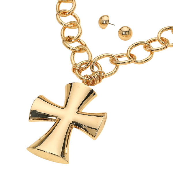 Chunky Cross Pendant Chain Necklace Set (Gold)