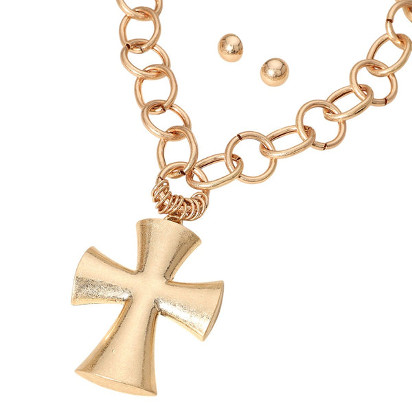 Chunky Cross Pendant Chain Necklace Set (Matte gold)