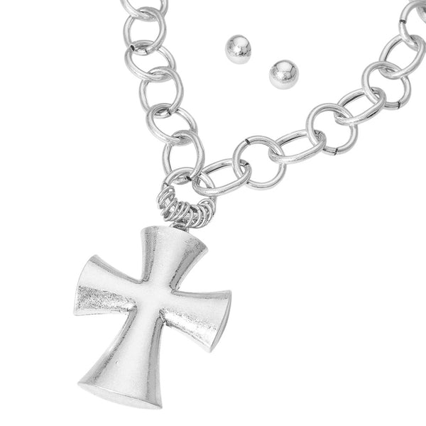 Chunky Cross Pendant Chain Necklace Set (Matte Silver)