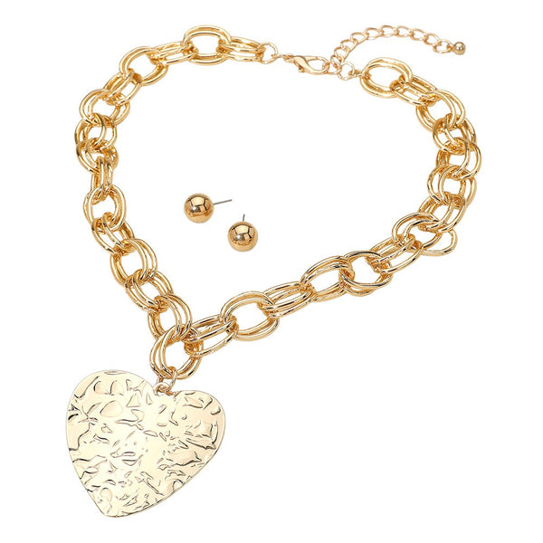 Hammered Heart Pendant Necklace Set (Gold)