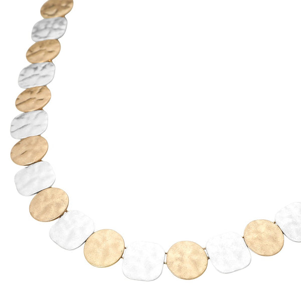 Hammered Round Square Disc Necklace (Worn Gold & Worn Silver)