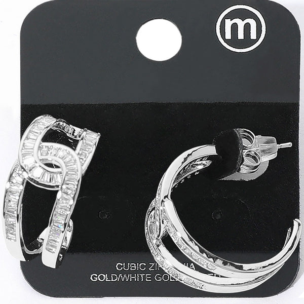 White Gold Dipped Cubic Zirconia Swirl Link Hoops