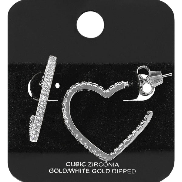 White Gold Dipped CZ Stone Heart Hoops