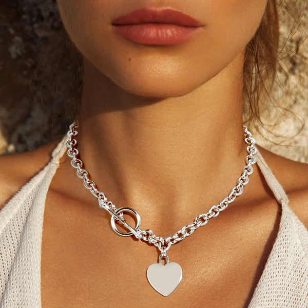 White Gold Dipped Heart Pendant Toggle Necklace