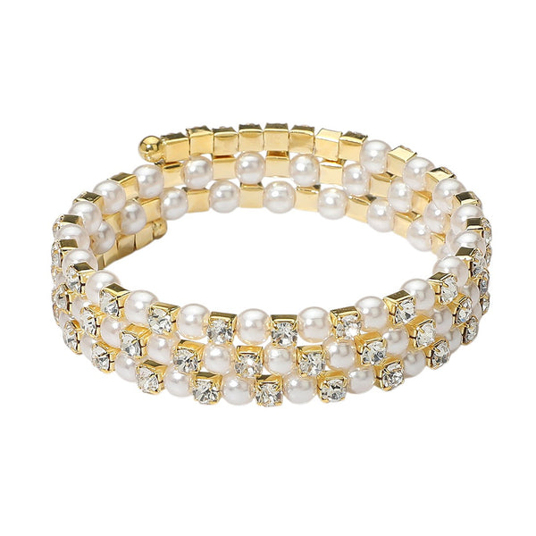 Pearl Rhinestone Adjustable Coil Bracelet (Cream & Gold)