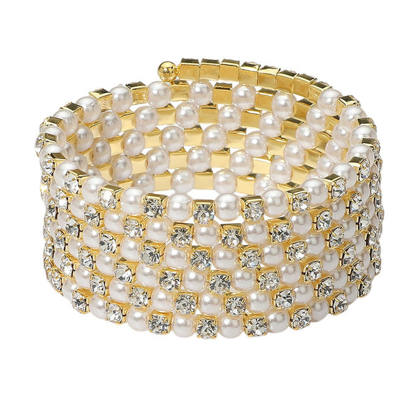 Wide Pearl Rhinestone Adjustable Coil Bracelet (Cream & Gold)