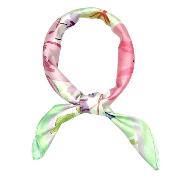 Vintage Floral Bloom Printed Square Silky Satin Scarf (Green)