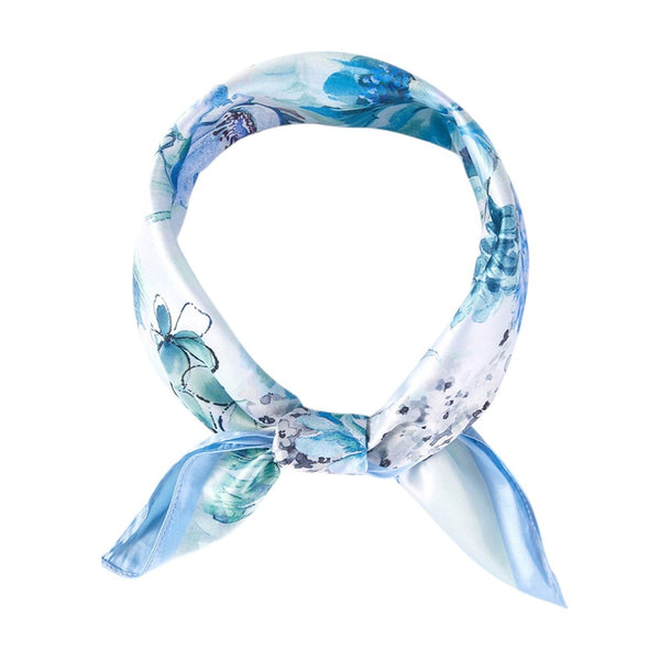 Blush Lavender Watercolor Floral Printed Square Silky Satin Scarf (Blue)