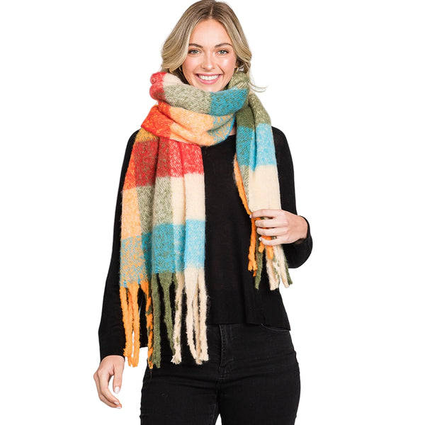 Plaid Patterned Fringe Scarf (Olive/Orange)