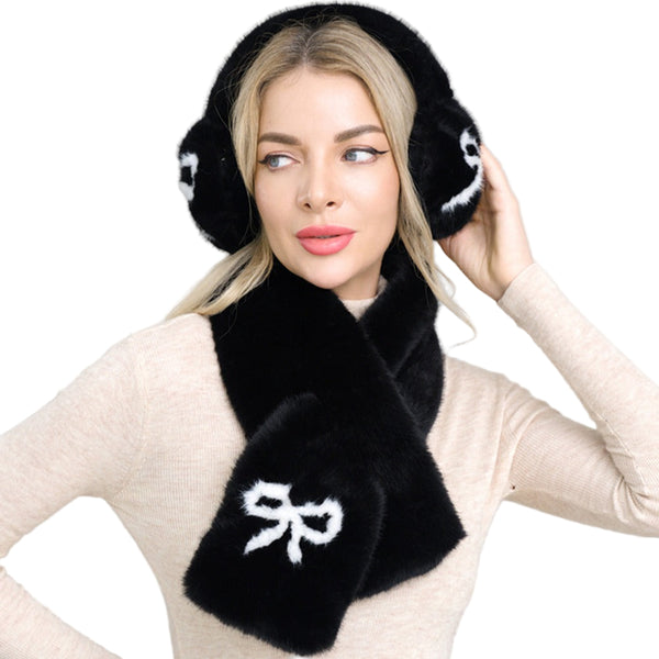 Bow Accent Fluffy Scarf Earmuff Set (Black)