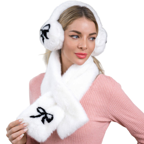 Bow Accent Fluffy Scarf Earmuff Set (White)