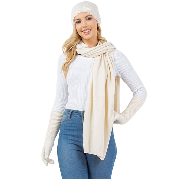 Winter Beanie Hat Scarf & Gloves Set (Ivory)