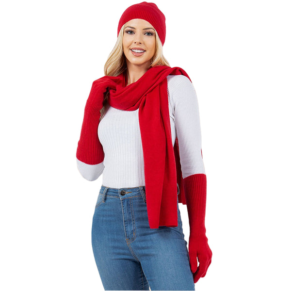 Winter Beanie Hat Scarf & Gloves Set (Red)