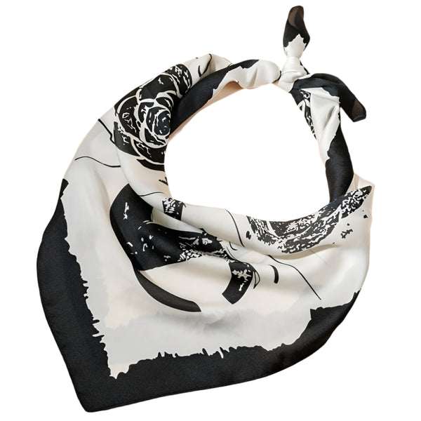 Rose Printed Square Silky Satin Scarf (Black)