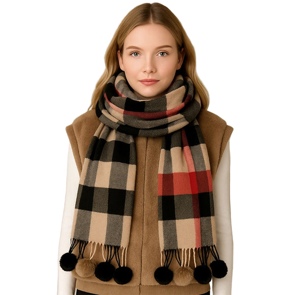 Pom Pom Tassel Plaid Scarf