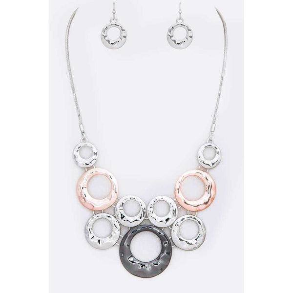 Textured Ring Statement Necklace Set (3 Tone)