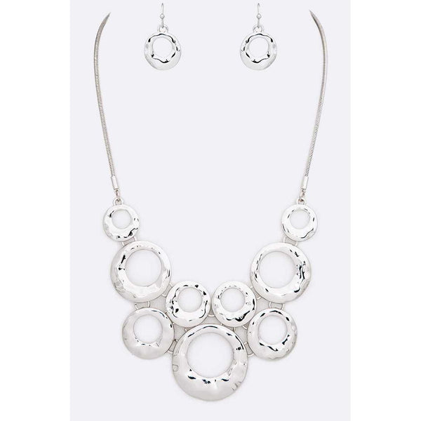 Textured Ring Statement Necklace Set (Silver)