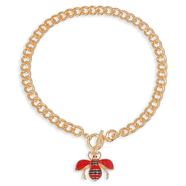 Rhinestone Bee Toggle Necklace (Red)