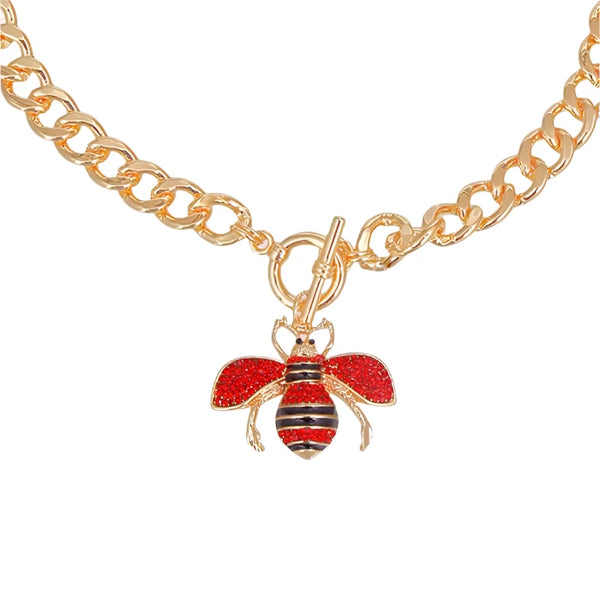 Rhinestone Bee Toggle Necklace (Red)